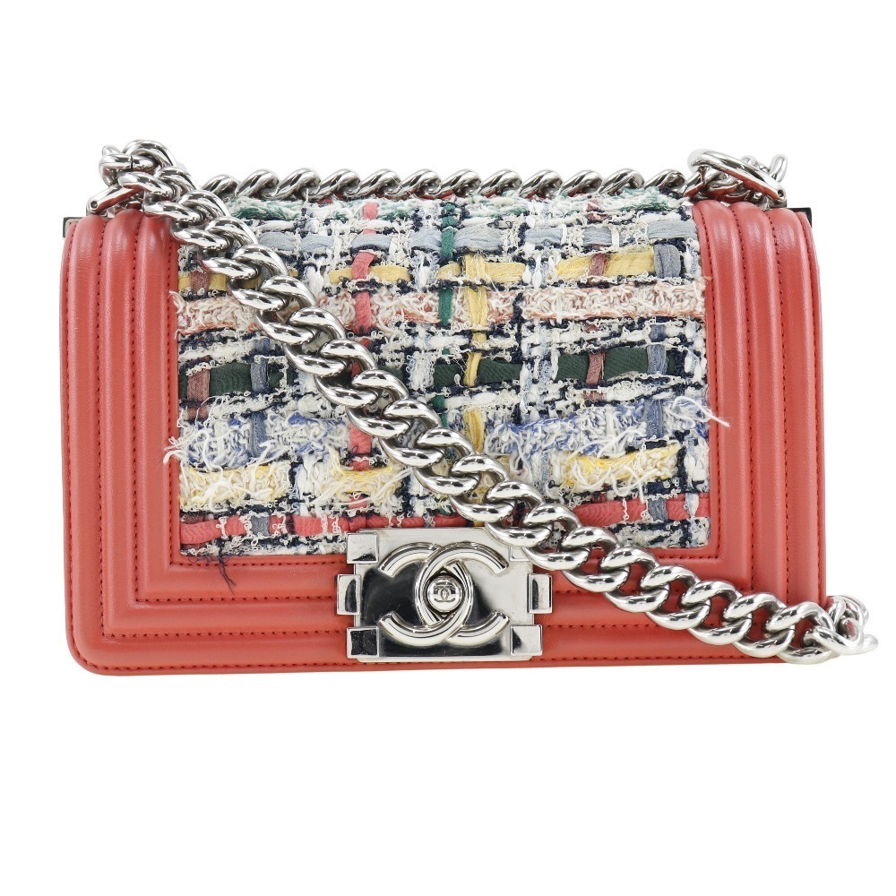 CHANEL Boy Shoulder Bag Tweed Calf Red 2way Flap Boy
